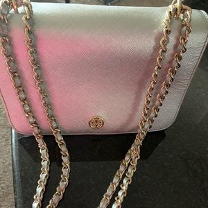 Tory Burch silver bag with gold chain